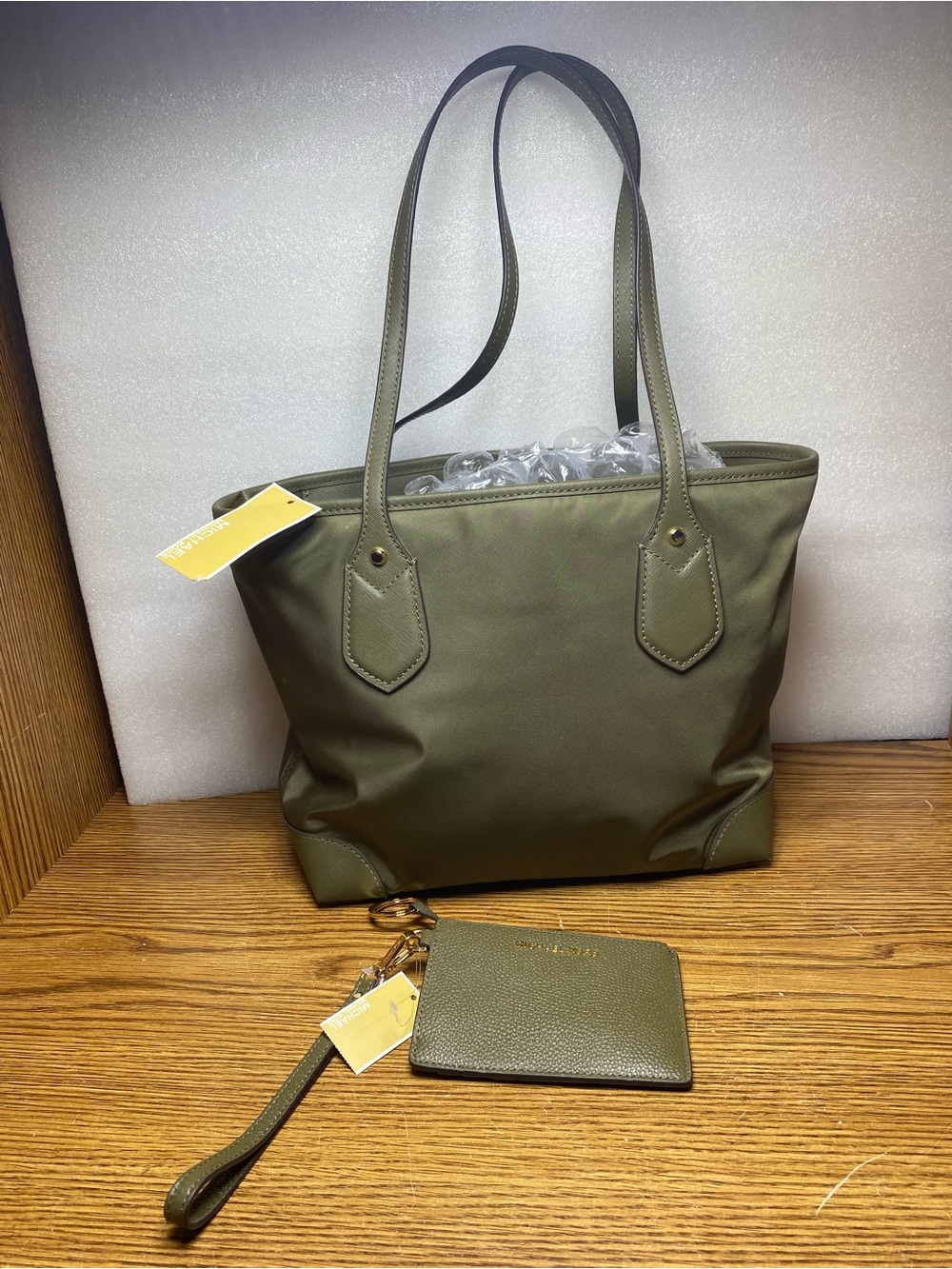 MICHAEL Kors Eva Small Zip Top Nylon Green Tote Shoulder Bag With Wallet Bundle
